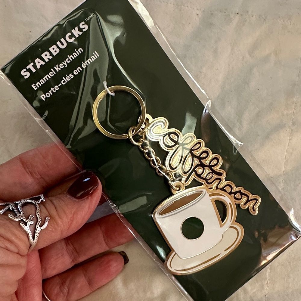Starbucks Gold and White Enamel Coffee Cup Keychain - Picture 1 of 4
